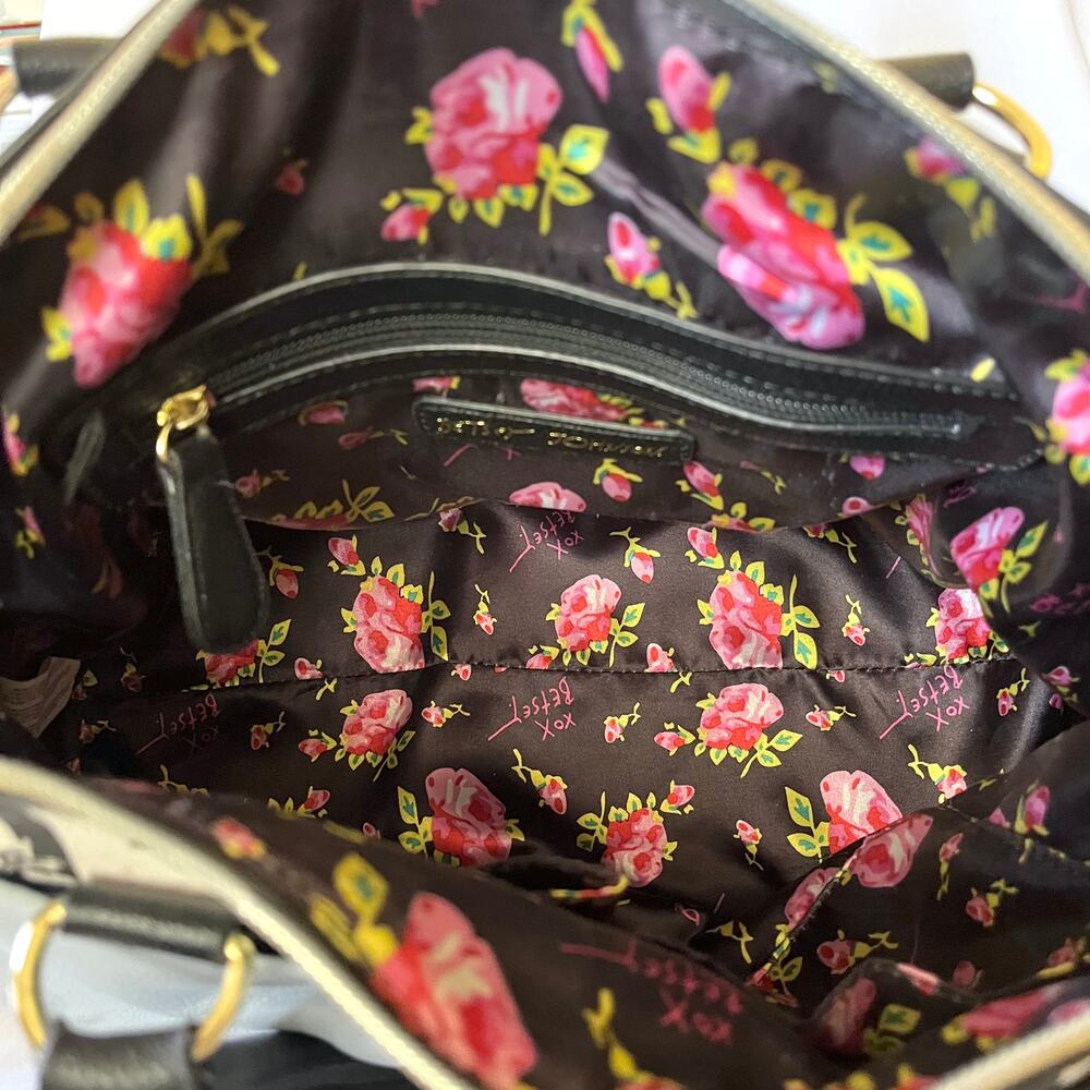 Betsey Johnson Blue Bow Faux Leather Floral Stripe Dome Satchel Bag Handbag FLAW - Picture 4 of 13